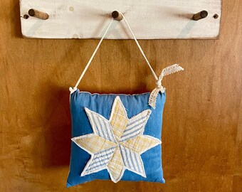 Vintage Quilt Star and Denim Pillow Door Hanger, Embellished Door Hanger, Yellow and Blue Quilt Star Hanger