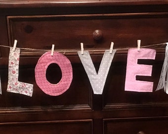 LOVE Banner, Love Letters Quilted, Pink and Gray Love Banner, Love Garland, Valentine's Day Banner, Bridal Shower