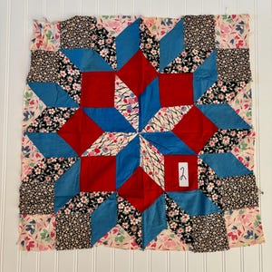 May include: A square fabric quilt block featuring a central star pattern composed of solid red and blue diamond shapes. The design is surrounded by various floral print fabrics in black, white, pink, and green. A white tag with the number 2 is attached.