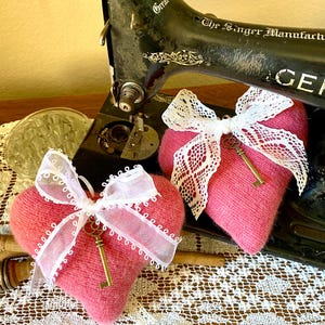 Handmade Pink Cashmere Heart Pillow, Bow & Key Valentine Decoration