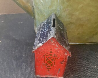 Vintage Metal Barn Bank, Patina Red and Blue, 1860s-80s Collectible