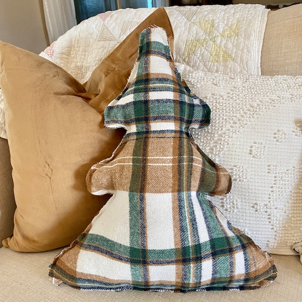 Plaid Cozy Flannel Shaped Pillow, Tree Pillow, Plaid Flannel Tree Pillow, Hunter Green/Tan/White Plaid Wool Pillow