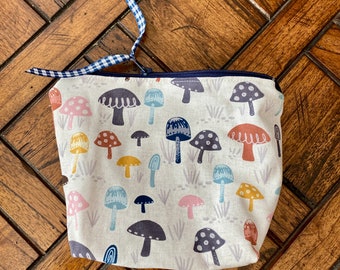 Handmade Canvas Zipper Pouch, Mushroom Print, Makeup Bag 7.5 x 5.75