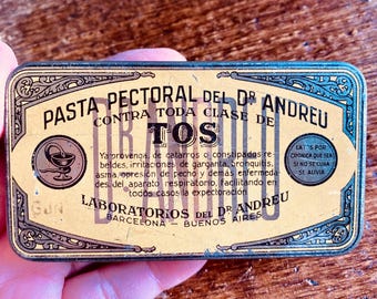 Vintage Pasta Pectoral del Dr. Andreu Hinged Tin, Medicine Box, Made in Spain 1930s