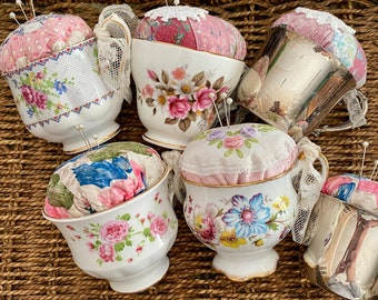 Vintage Tea Cup Pin Cushion, Repurposed Tea Cup and Quilt, Vintage Tea Cup and Quilt Pin Cushion