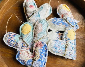 Quilted Heart Hanger: Repurposed Vintage Quilt, Lace & Key, Heart Peg or Door Hanging Decoration