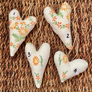 Repurposed Yellow, Orange and Green Floral Embroidered Linen Hearts, Embroidery Hearts, Valentine Hearts - Sold Separately