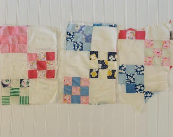Diverse stukken voor een Nine Patch quilt uit de jaren 1930-1940, projectstukken.