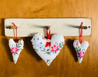 Repurposed Cross Stitched Linen Hearts, Vintage Cross Stiched Hearts, Valentine Hearts - Sold Separately