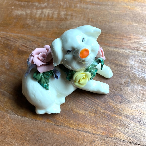 Vintage 1960's Porcelain Pig with Flowers, Collectible Midcentury Pig Figurine