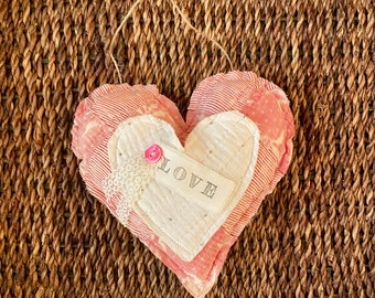 Vintage Quilt Hearts with Heart Pocket, Heart Shaped Pillow w LOVE Tag and hanger, 7.25 x 7.25" Heart Pillow - Sold Separately