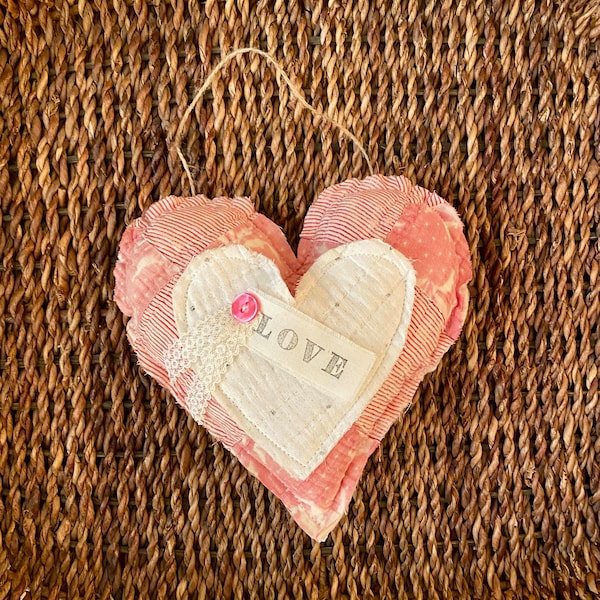 Vintage Quilt Hearts with Heart Pocket, Heart Shaped Pillow w LOVE Tag and hanger, 7.25 x 7.25" Heart Pillow - Sold Separately