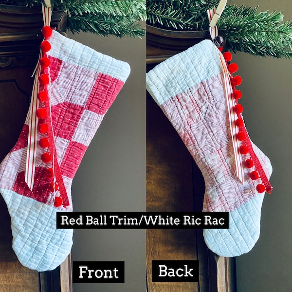 Vintage Red/White/Pink Cutter Quilt Stocking with Ribbon, Lace, ball trim and Rusty Bell, Christmas Stocking - Sold Separately