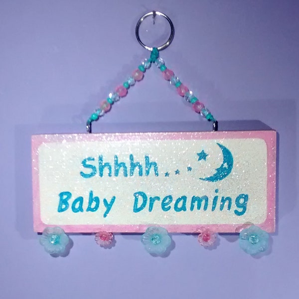 Shhhh...Baby Dreaming, nursery, baby shower gift, sign, pink, blue, flowers, Swarovski crystals, great gift, stars, crescent moon, door sign