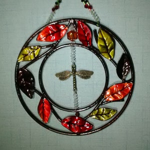 dragonfly, leaf wreath, beautiful, door decor, wall art, great gift, red, orange, green, leaf pattern, decorative jeweled hanging, beautiful