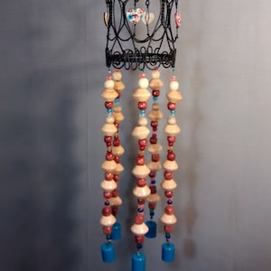 wood wind chime, blue bells, bells,  decorative hanging, wood beads, pretty, large, gift, hearts, black, metal, room decoration, art decor