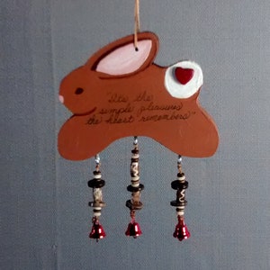 cute bunny, child&#39;s room decor, hand painted, art, decorative wall hanging, decor, simple pleasures quote, lovely gift, pretty beads bells