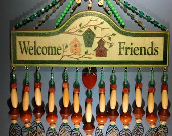 Welcome Friends sign, green, decorative wall hanging, great gift, happy, friendly, welcoming, tree of life, home decor, heart, brass leaves