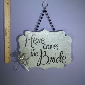 Bridal shower, 'Here comes the Bride', wedding, decor, wall plaque, wedding sign, bride announcement, silver, black, crystals, nosegay, gift