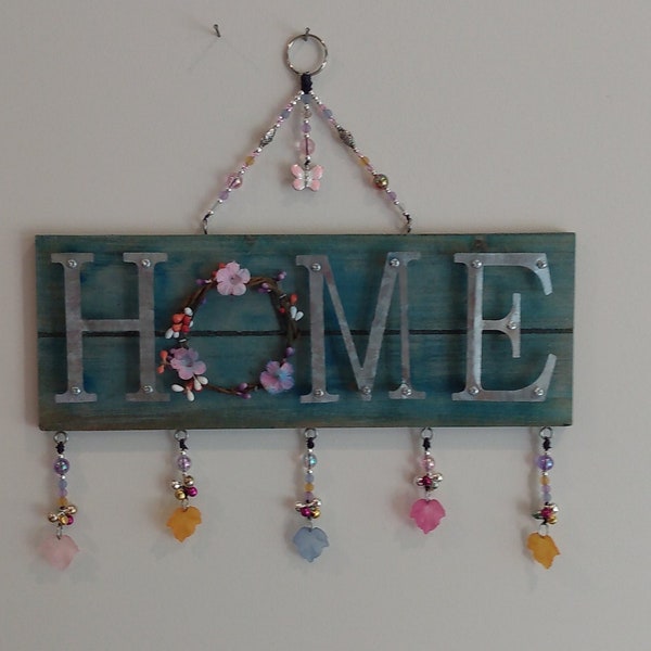 HOME, sign, door hanging, wall decor, pretty, great gift, floral, beaded, butterfly, leaves, colorful, unique, home decoration, signage