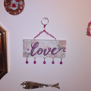 Handmade 'LOVE' Sign: Floral Wood Wall Decor with Magenta Bells, small, original, decorative hanging