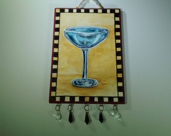 Blue, old style martini glass, wall art, amber yellow, decorative wall art, checkered pattern, jeweled pendants, crystals, great gift, decor