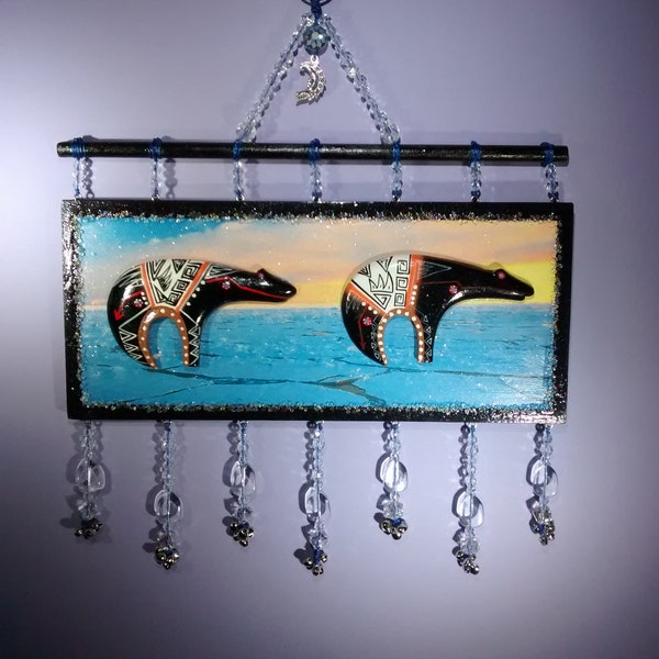 Polar Bears, Spirit Bears, Eskimo Art, Arctic scene, Zuni, great gift, beautiful, Swarovski crystals, man in the moon, silver, crescent moon