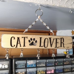 CAT LOVER! adorable sign, small, door decor, wall decoration, stars, wood, silver bells, sparkle, great gift, unique, carved, silver, pretty