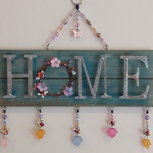 Door sign "Home", sign, door hanging, wall decor, pretty, gift, floral, beads, butterfly, leaves, colorful, unique, home decoration, signage