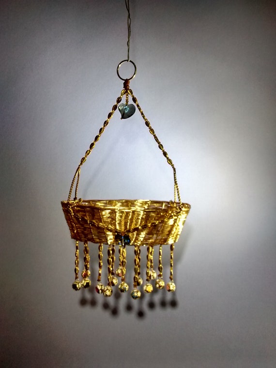 Gold Wicker Basket Decorative Hanging Art Blue Crystal Heart Gold Etched Leaf Beads Designer Bells Beautiful Gift 50th Anniversary