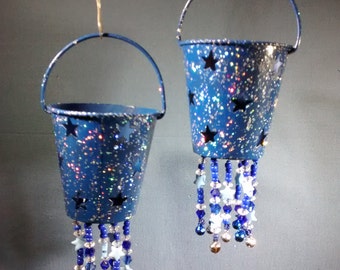 Two tea light candle holders, New Years stars, blue, silver, beads bells, great gift, sold as a pair, pretty, holiday night light hangings