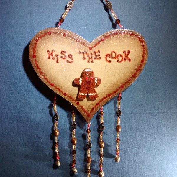 RESERVED FOR L! sale Heart, gingerbread man, Kiss the Cook sign, decorative kitchen decor, wall art, Kitchen hanging, Valentine's, seasonal