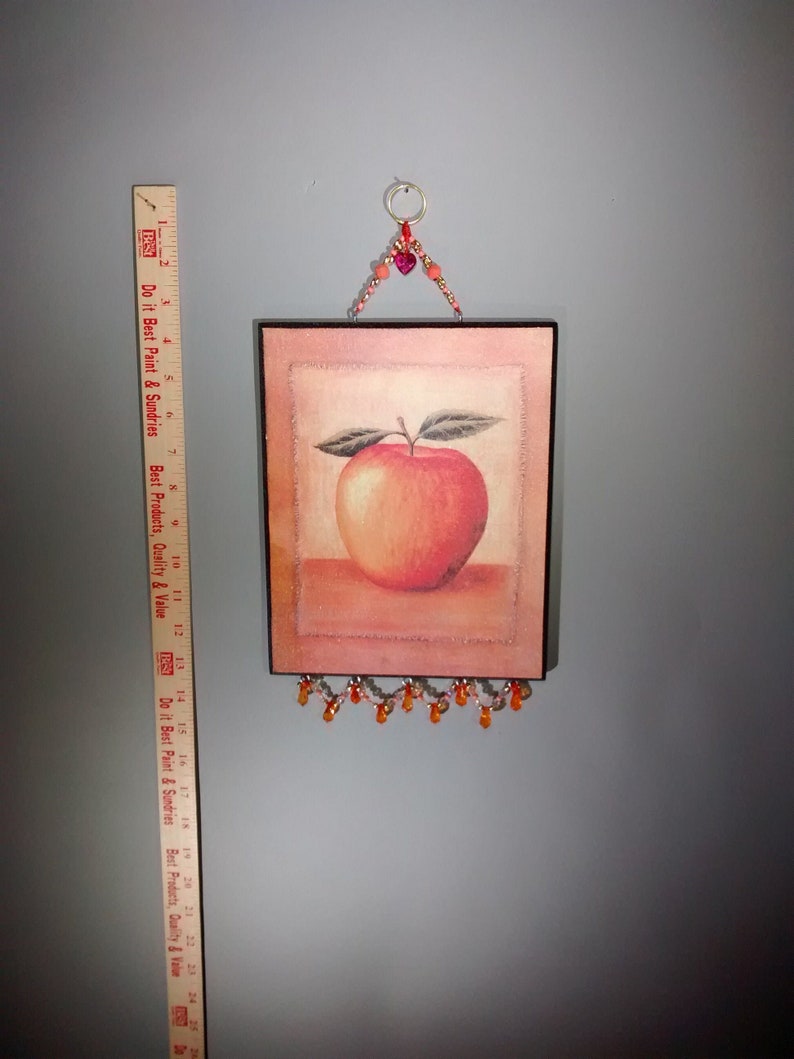 Peach colored apple! pretty, wall art, Kitchen decor, jeweled, unique, orange, red heart, sparkly, great gift, lovely wall art, decor image 1