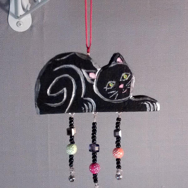 cute kitty fun decorative hanging small gift black cat hand painted mobile art room decor bells and beads pretty gift room decor cat lovers