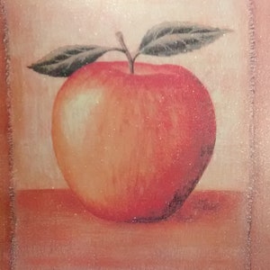 May include: A red apple with green leaves, painted in a vintage style, on a textured background.