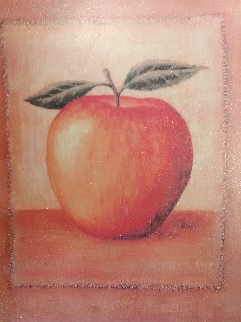 May include: A red apple with green leaves, painted in a vintage style, on a textured background.