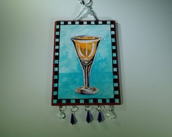 Honey color, stem glass, blue, sparkle, checkered boarder, great gift, modern wall art, decorative hanging, unique decor, pretty room decor