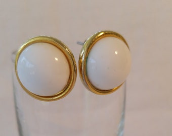 Clean Shiny White Acrylic Surrounded by Heavy Gold Plated Rim and Back Stud Earrings