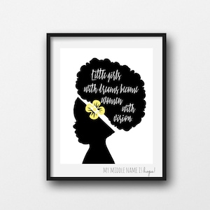 Niñas con sueños, estampado clásico de vivero, silueta de niña afroamericana, silueta afro, impresión tipográfica, flor amarilla