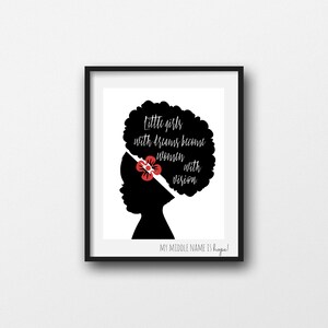 May include: Black and white silhouette of a woman with an afro hairstyle and a red flower. The text reads "Little girls with dreams become women with vision. My middle name is hope!"