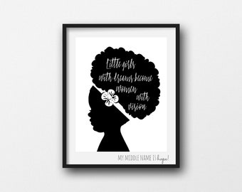 little girls with dreams, black and white, afro silhouette, printable nursery art, african american, baby girl gift, classic nursery print