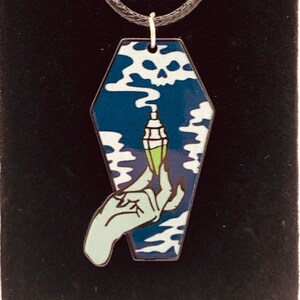 Blue Coffin Shaped Acrylic Pendant with Hand and Bottle of Poison Necklace