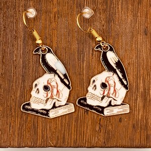 White Skull Earrings with Book and Bird