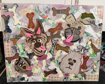 Dog Collage Art Print: Wallpaper Bones, Hand-Painted Faces (11x14)
