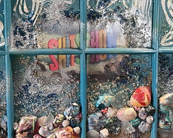 Shitshow Art Print: Mixed Media Window Frame, Beach Shells, Wallpaper Clouds (11x14)