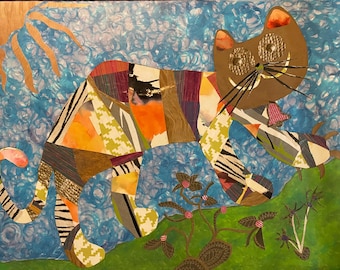 Whimsical Collage Cat Art Print: Hand-Painted Canvas, Vibrant Patchwork (11x14)