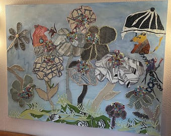 Whimsical Mice Art Print: Hand-Stitched Wallpaper Flowers, Umbrella (11x14)