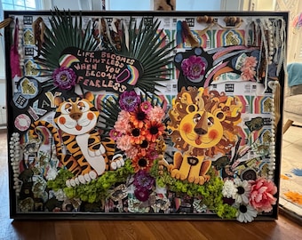 Fearless Life Art Print: Mixed Media Collage with Beads, Geodes, Flowers (Matted)
