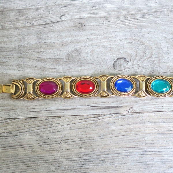 Vintage gold tone costume jewelry bracelet with brightly colored stones