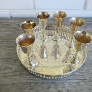 Set of 6 vintage silver plate cordials with serving tray, mid century silverplate stemware